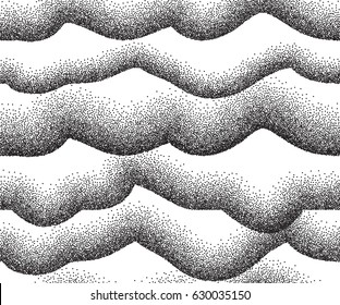 Vector illustration of monochrome waves background consist of dots, particles. Abstract dotted curved line seamless pattern with halftone effect