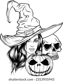 vector illustration of monochrome witch with skull and pumpkin