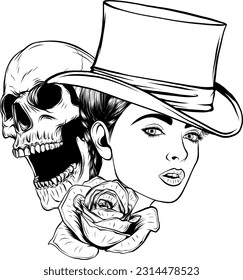 vector illustration of Monochrome woman head with skull and rose