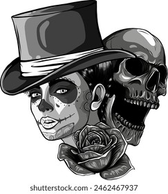 vector illustration of Monochrome woman head with skull and rose