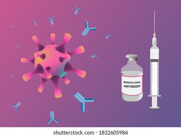 Vector Illustration Of Monoclonal Antibody For Coronavirus Treatment. Monoclonal Antibody Helps Reducing Virus Cells.