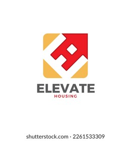 Vector illustration of monogram EH letter logo with roof and arrow icon for housing or real estate business 