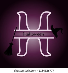 Vector illustration of monogram Halloween, hat, broom on purple background