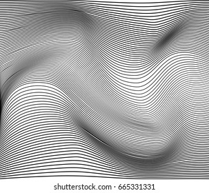 Vector illustration of monohrome striped surface abstract background with distortion effect, motion line, dynamic wave for design concept, poster. Digital glitch image texture