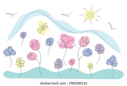 Vector illustration of Monoline Landscape with Flowers for packaging, t-shirt, banner, magazine, poster, decoration, postcard. Monoline Landscape with Flowers background image. EPS 10.