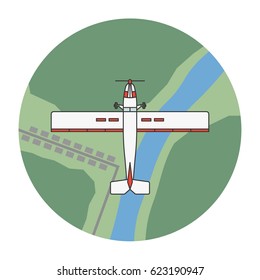 Vector illustration of a monoplane on landscape background. Aviation topic.