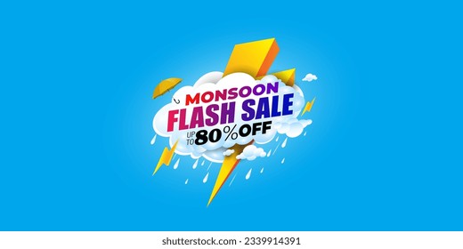 Vector illustration of Monsoon flash Sale up to 80% off typography. Banner and logo design with Raining clouds, umbrella and thunder. Promotional advertising marketing concept.