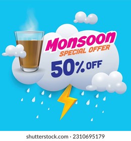 vector illustration of monsoon offer unit with clouds, thunder and raining clouds with tea in glass