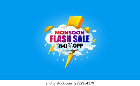 Ilustración vectorial del concepto de oferta de Monsoon sale. Diseño publicitario promocional con nubes lluviosas, paraguas y truenos.