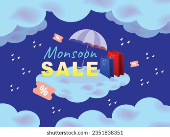 Vector Illustration Monsoon Sale with umbrellas on cloud frame. Rainy sale, promotion banner, poster, Rainy season sale background, rainy element, sale element.