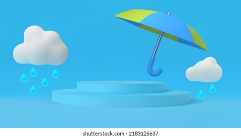 Ilustración vectorial de la temporada del monzón con nubes de paraguas y un podio. El clima lluvioso. Estilo moderno 3d