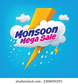 vector illustration of monsoon with thunder and raining clouds