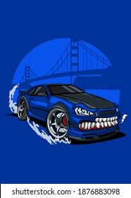 Ilustración de vectores coche de deriva azul monstruo
