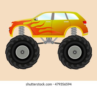Vector illustration of monster car with a  flame sticker on the side