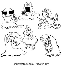 A vector illustration of monster creatures in line art scribble drawing style.