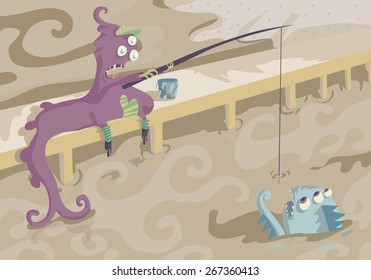 Vector illustration of a monster, fishing, fun.