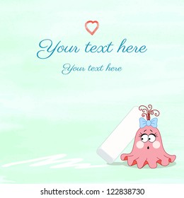 Vector illustration. Monster girl with eraser  on watercolor background. Blots of paint. Easily edit the colors. Place for your text