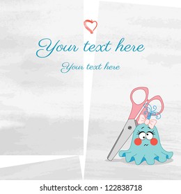 Vector illustration. Monster girl with scissors  on watercolor background. Blots of paint. Easily edit the colors. Place for your text