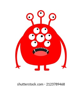 Vector illustration of monster icon, cartoon red monster with many eyes and sharp teeth on white background.