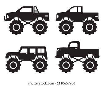 Vector illustration of monster pick up truck side view silhouette set.