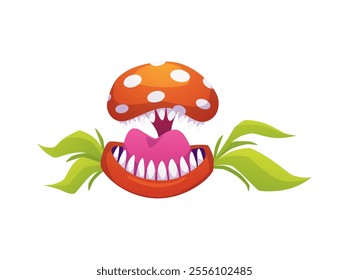 Vector illustration of a monster plant with sharp teeth and a long tongue and a spotted pattern. Carnivorous monster is perfect for Halloween decoration