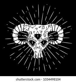 Vector illustration with a monster skull and divergent rays. Used for poster, banner, web, t-shirt print, bag print, badges, flyer, logo design and more. Cartoon skull. Sheep skull.