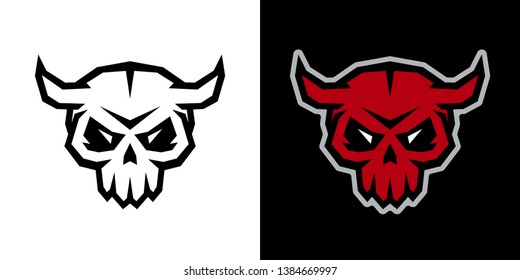 Vector illustration of monster skulls with horns, isolated on white and black backgrounds.