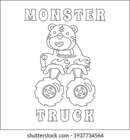 Vector illustration of monster truck with animal driver. Cartoon isolated vector illustration, Creative vector Childish design for kids activity colouring book or page.