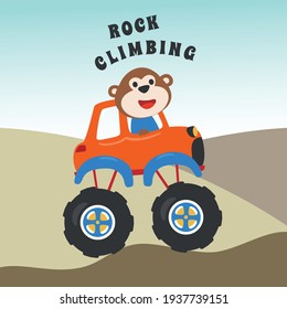Vector illustration of monster truck with animal driver. Can be used for t-shirt print, kids wear fashion design, invitation card. fabric, textile, nursery wallpaper, poster and other decoration.