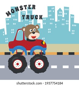 Vector illustration of monster truck with animal driver. Can be used for t-shirt print, kids wear fashion design, invitation card. fabric, textile, nursery wallpaper, poster and other decoration.