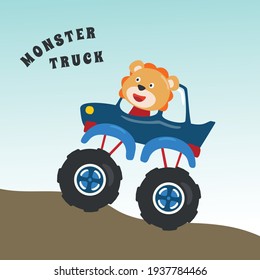 Vector illustration of monster truck with animal driver. Can be used for t-shirt print, kids wear fashion design, invitation card. fabric, textile, nursery wallpaper, poster and other decoration.