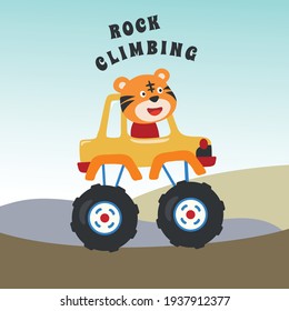 Vector illustration of monster truck with animal driver. Can be used for t-shirt print, kids wear fashion design, invitation card. fabric, textile, nursery wallpaper, poster and other decoration.