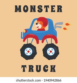 Vector illustration of monster truck with animal driver. Can be used for t-shirt print, kids wear fashion design, invitation card. fabric, textile, nursery wallpaper, poster and other decoration.