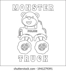 Vector illustration of monster truck with animal driver. Cartoon isolated vector illustration, Creative vector Childish design for kids activity colouring book or page.