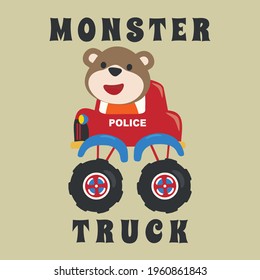 Vector illustration of monster truck with animal driver. Can be used for t-shirt print, kids wear fashion design, invitation card. fabric, textile, nursery wallpaper, poster and other decoration.