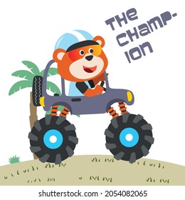 Vector illustration of monster truck with animal driver. Can be used for t-shirt print, kids wear fashion design, invitation card. fabric, textile, nursery wallpaper, poster and other decoration.