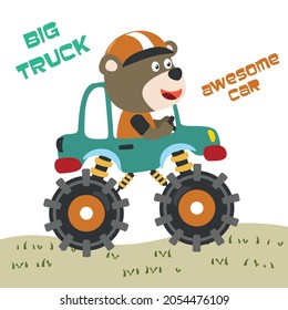 Vector illustration of monster truck with animal driver. Can be used for t-shirt print, kids wear fashion design, invitation card. fabric, textile, nursery wallpaper, poster and other decoration.
