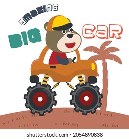 Vector illustration of monster truck with animal driver. Can be used for t-shirt print, kids wear fashion design, invitation card. fabric, textile, nursery wallpaper, poster and other decoration.