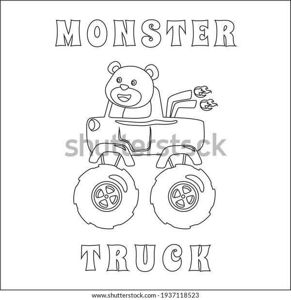 Vector illustration of\
monster truck with animal driver. Cartoon isolated vector\
illustration, Creative vector Childish design for kids activity\
colouring book or page.