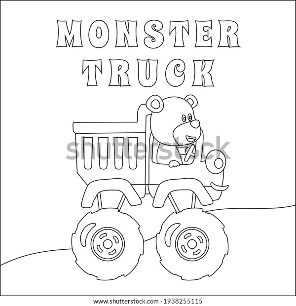 Vector illustration of\
monster truck with animal driver. Cartoon isolated vector\
illustration, Creative vector Childish design for kids activity\
colouring book or page.
