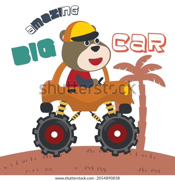 Vector illustration of monster truck with\
animal driver. Can be used for t-shirt print, kids wear fashion\
design, invitation card. fabric, textile, nursery wallpaper, poster\
and other decoration.