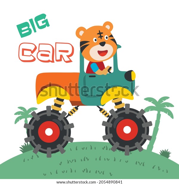 Vector illustration of monster truck with\
animal driver. Can be used for t-shirt print, kids wear fashion\
design, invitation card. fabric, textile, nursery wallpaper, poster\
and other decoration.