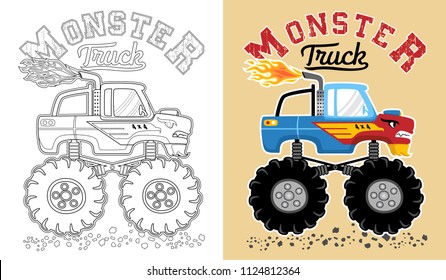 Vector illustration of monster truck cartoon. Coloring book or page