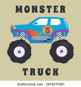 Vector illustration of monster truck with cartoon style. Can be used for t-shirt print, kids wear fashion design, invitation card. fabric, textile, nursery wallpaper, poster and other decoration.