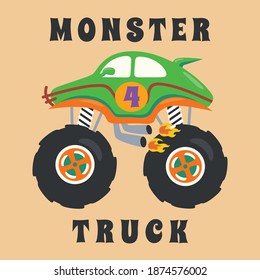 Vector illustration of monster truck with cartoon style. Can be used for t-shirt print, kids wear fashion design, invitation card. fabric, textile, nursery wallpaper, poster and other decoration.