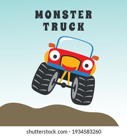 Vector illustration of monster truck with cartoon style. Can be used for t-shirt print, kids wear fashion design, invitation card. fabric, textile, nursery wallpaper, poster and other decoration.