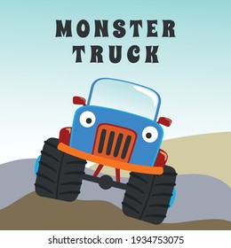 Vector illustration of monster truck with cartoon style. Can be used for t-shirt print, kids wear fashion design, invitation card. fabric, textile, nursery wallpaper, poster and other decoration.