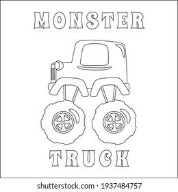Vector illustration of monster truck with cartoon style. Cartoon isolated vector illustration, Creative vector Childish design for kids activity colouring book or page.