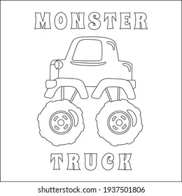 Vector illustration of monster truck with cartoon style. Cartoon isolated vector illustration, Creative vector Childish design for kids activity colouring book or page.