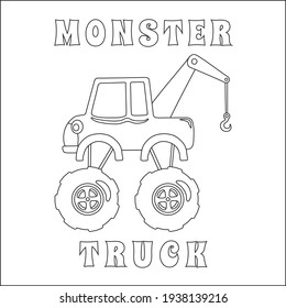 Vector illustration of monster truck with cartoon style. Cartoon isolated vector illustration, Creative vector Childish design for kids activity colouring book or page.